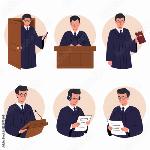 A collection of vector illustrations depicting a male judge or lawyer in various professional actions related to law and justice, isolated on white.