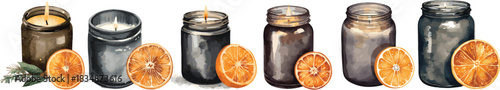 Watercolor illustration set  of a dark glass jar candle with a dried orange slice beside it isolated on white background. Cozy element perfect for candle makers, Christmas design