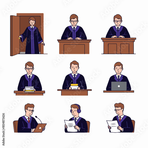 A collection of cartoon icons depicting a male judge performing various legal and judicial duties in a courtroom setting, isolated on white.