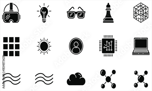 Set of diverse icons representing technology, science, and creative thinking, including VR, lightbulb, chess, and circuit board