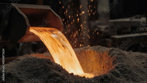 Pouring glowing hot liquid metal into a casting mold at a foundry.