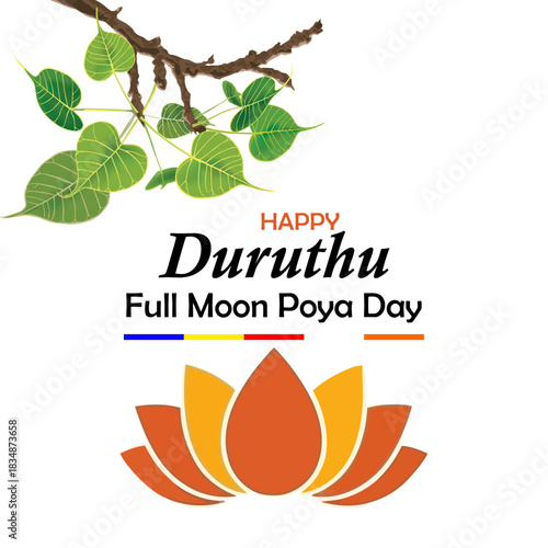 Duruthu Poya Day: Sinhala Wishes Flyer, Bodhi Tree Leaves, Orange Lotus Flower, Buddhist Festival Social Media Graphic - Happy Duruthu Poya Day