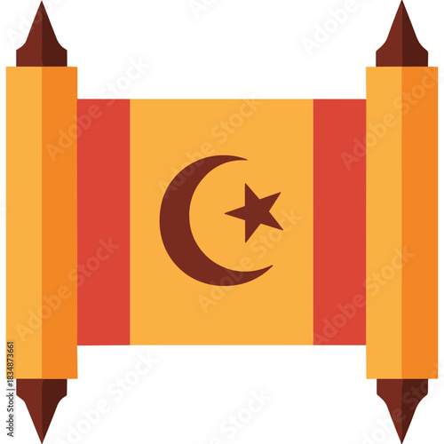 Islamic Scroll with Crescent Moon and Star Symbol on a Yellow and Red Background Detailed Religious Artifact Illustration