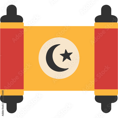 Islamic Scroll With Crescent Moon and Star Symbol On Yellow Background With Red Borders And Black Caps And White Center