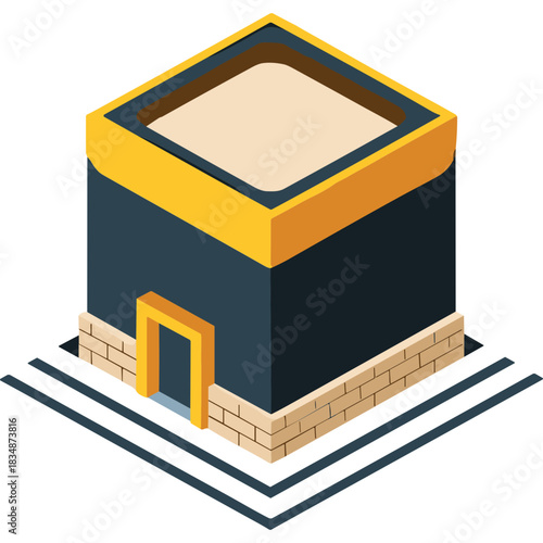 Isometric 3d illustration of a cubical building with a yellow border and a doorway entrance set against a dark backdrop with a light tan square top architectural structure