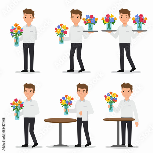 Vector set of male service staff presenting flower arrangements in a vase, showing different poses for decoration and hospitality roles.