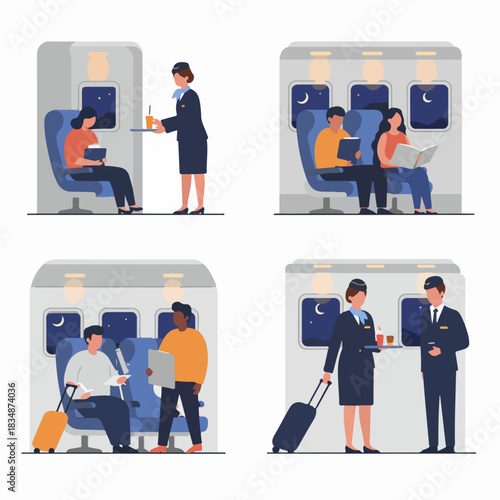 Flat vector illustrations of nighttime train travel, depicting passengers relaxing, reading, and receiving exceptional service from the cabin crew.