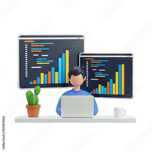 Male programmer wearing blue shirt working on a laptop displaying data charts with graphs and bar charts on screens in a bright clean workspace with a potted cactus and coffee mug white background