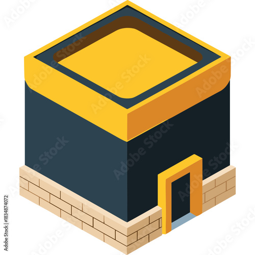 Isometric illustration of the Kaaba a cuboid building with dark blue walls yellow accents and a brick base representing Islamic architecture and pilgrimage holy site architecture in Saudi Arabia