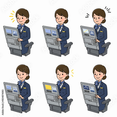 Set of six cheerful female service staff illustrations in uniform interacting with an automated ticket machine or self-service kiosk on a white background.