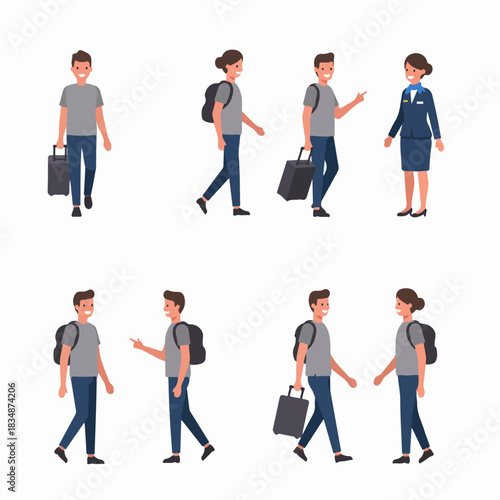 Set of flat vector illustrations showing travelers with luggage and an airline attendant, representing various airport and travel scenarios, isolated on white.