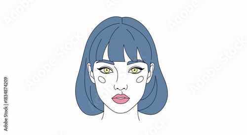 Serene visage: An illustration of a young woman with striking yellow eyes and blue hair