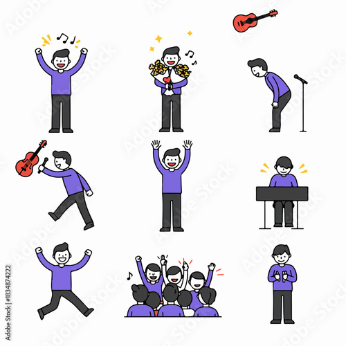 Vector illustration set depicting a musician performing, singing, playing instruments, bowing, and celebrating success with an enthusiastic audience.