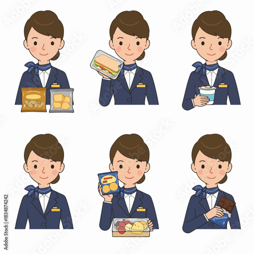 Six illustrations of a cheerful female service worker in uniform presenting snacks and drinks for customer service.