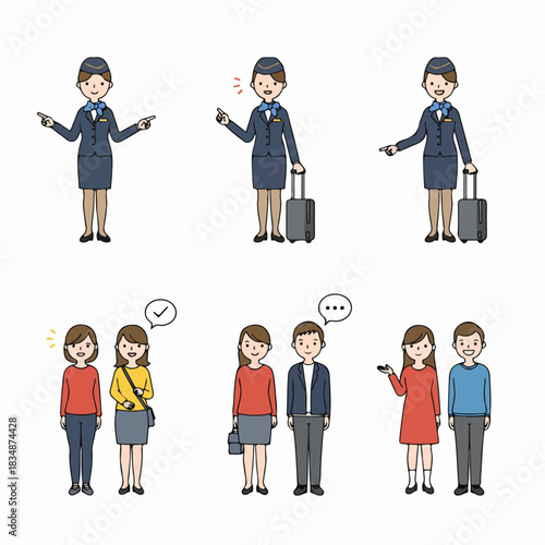Diverse cartoon illustration set featuring flight attendants and young adult travelers interacting, communicating, and making decisions about trips and customer service.