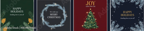 Elegant Christmas and Happy Holidays Greeting Card Vector Set. Luxury Wallpaper Design with Pine Leaves, Pinecone, Wreath, and Christmas Tree for Premium Covers, Prints, Posters, and New Year Ads.