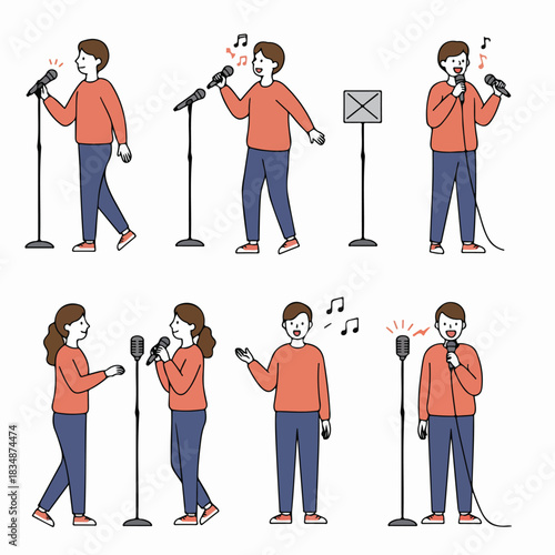 Diverse set of illustrations featuring young men and women singing, speaking, and performing into various microphones, symbolizing presentation and vocal performance.