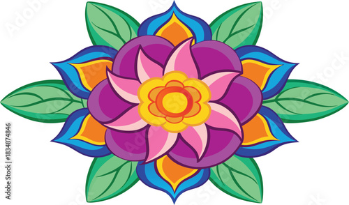 Vibrant mandala flower illustration with colorful petals and leaves