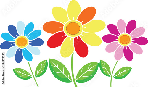 Three colorful cartoon flowers with green leaves and stems on white background