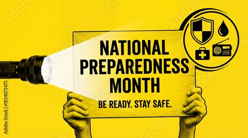 National Preparedness Month awareness poster promoting emergency readiness safety planning with flashlight and survival symbols