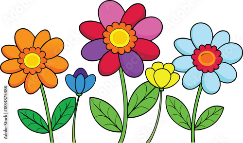 Colorful cartoon flowers with green leaves and stems