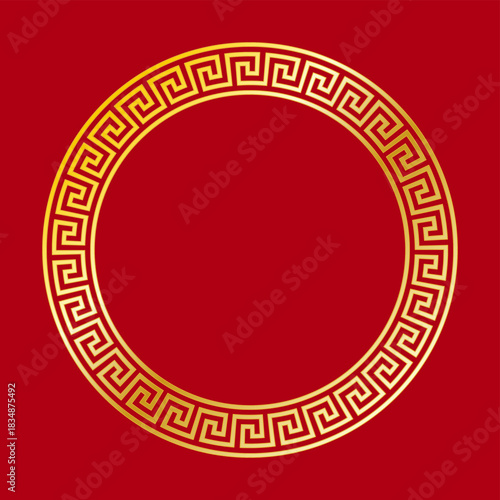 Circle frame with golden meander, a decorative border with Greek key pattern, on red background. Seamless pattern, constructed from a gold colored continuous line, shaped into a repeated motif. Vector