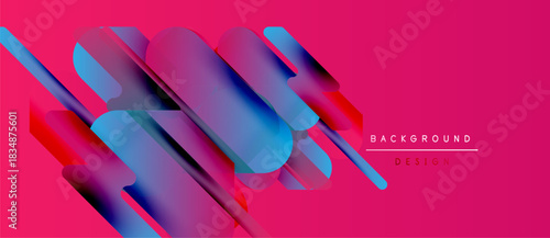 Abstract geometric shapes overlap vibrant pink backdrop. Blue, purple hues create dynamic visual effect. Modern design element.