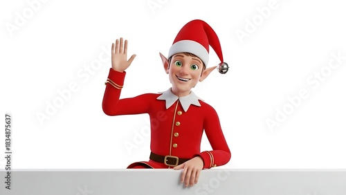 A cheerful 3D Christmas elf in a red suit waving a friendly hello from behind a white banner.