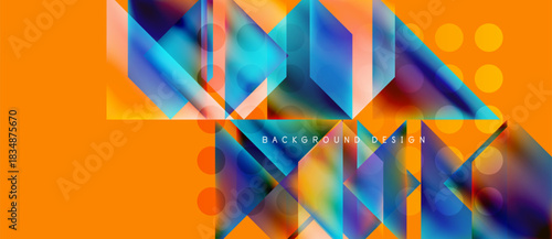 Abstract geometric design. Vivid colors blend, creating dynamic shapes. Orange background contrasts with blue gradients, circles present.