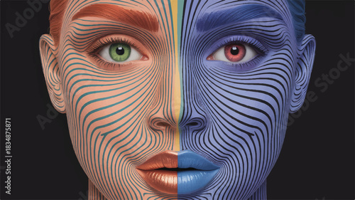 Surreal psychedelic split face digital art portrait