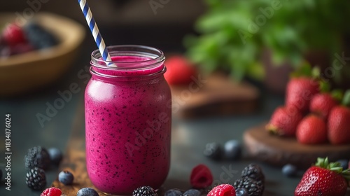 Fototapeta Naklejka Na Ścianę i Meble -  Berry smoothie recipe: healthy breakfast drink with fresh fruits and vibrant color, delicious and refreshing
