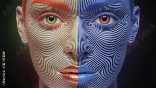Surreal psychedelic split face digital art portrait