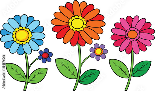 Three colorful cartoon flowers with green leaves and stems on a white background