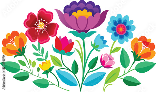 Vibrant folk art floral arrangement with colorful blossoms