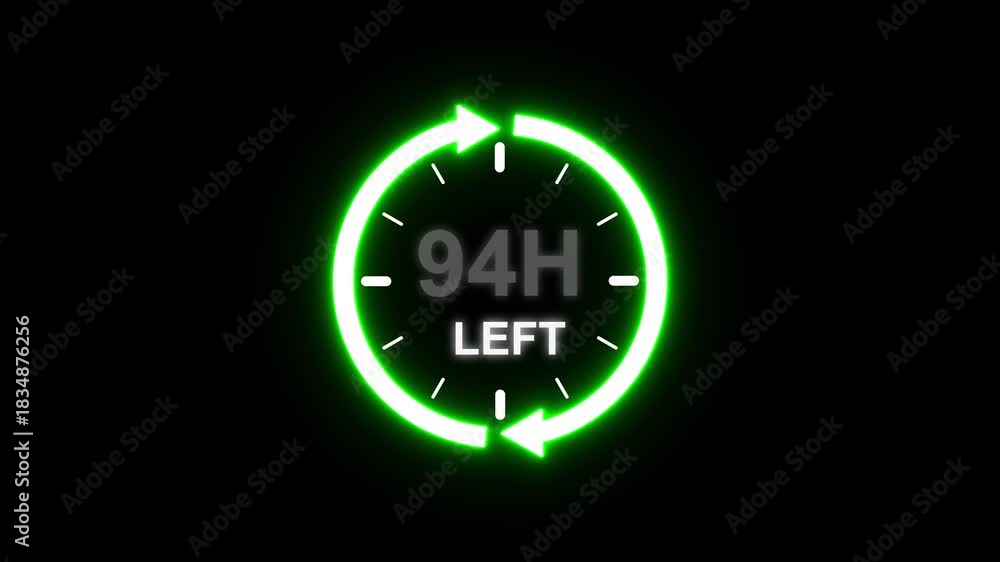 24 hours clock with circle arrow and the numbers 94 Hour left. video ...