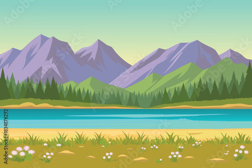 a picturesque landscape featuring a serene lake surrounded by towering mountains high quality