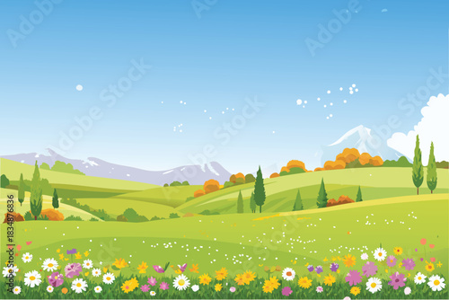 A peaceful landscape with rolling green hills distant mountains and blue sky