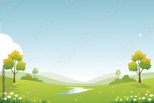 A peaceful landscape featuring rolling green hills and a clear blue sky