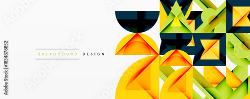 Abstract geometric shapes, vibrant colors, modern design. Yellow, green, dark blue elements create dynamic composition. Minimalist text present.