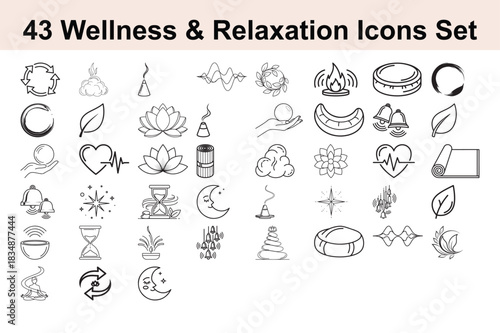 Set of 43 wellness and relaxation line icons including nature health care balance peace spa meditation yoga and zen symbols vector illustration