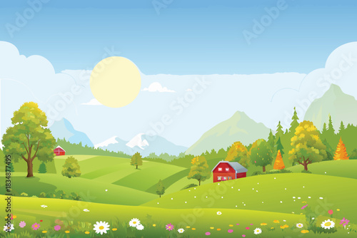 a vibrant countryside landscape featuring rolling green hills and charming red barns