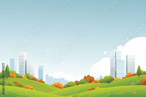 A peaceful landscape showcasing green hills trees and a distant cityscape high quality