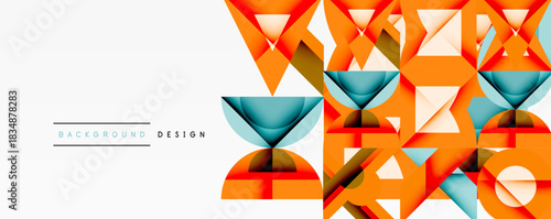 Abstract geometric shapes, orange, blue hues. Modern design elements create dynamic visual texture. Minimalist style, clean lines.