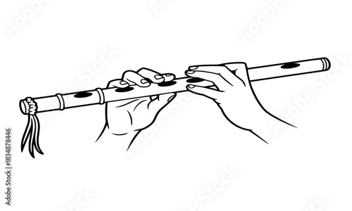 Hands Playing Bansuri Line Art Vector, Traditional Indian Bamboo Flute Music Instrument Sketch, Black and White Icon.
