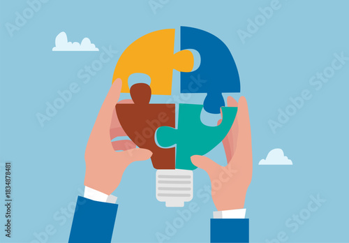 Business Collaboration Concept with Hands Holding Puzzle Light Bulb Idea Illustration