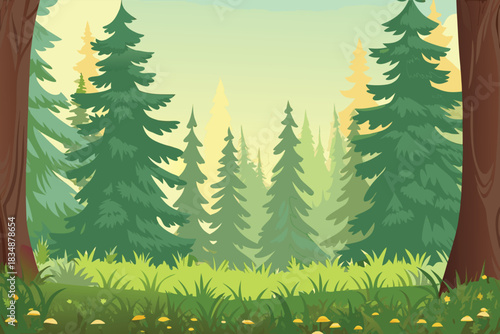 a lush forest scene with tall evergreen trees and vibrant green ground