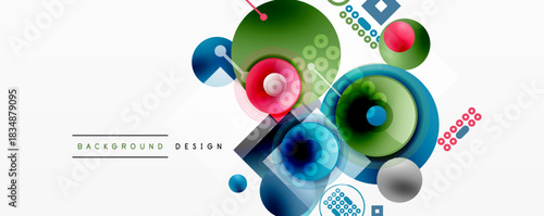 Abstract colorful shapes overlap, creating dynamic visual composition. Circles, squares, lines form modern design element.