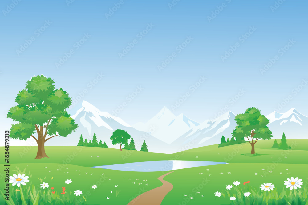 Naklejka premium a beautiful scenic landscape with green fields mountains and a small pond