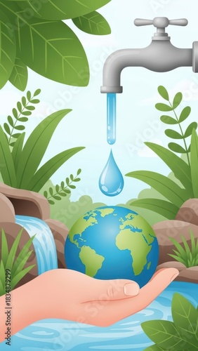 Earth in Hand under Faucet Drip: Save Water Concept