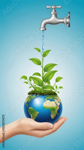 Faucet Watering Earth with Plant on Hand
